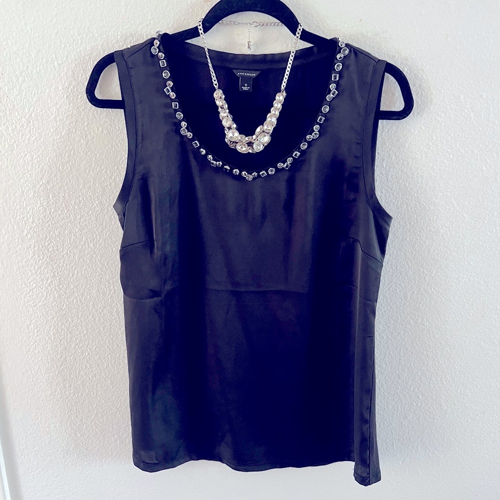 ANN TAYLOR Black Embellished Satin Shirt Tank Top